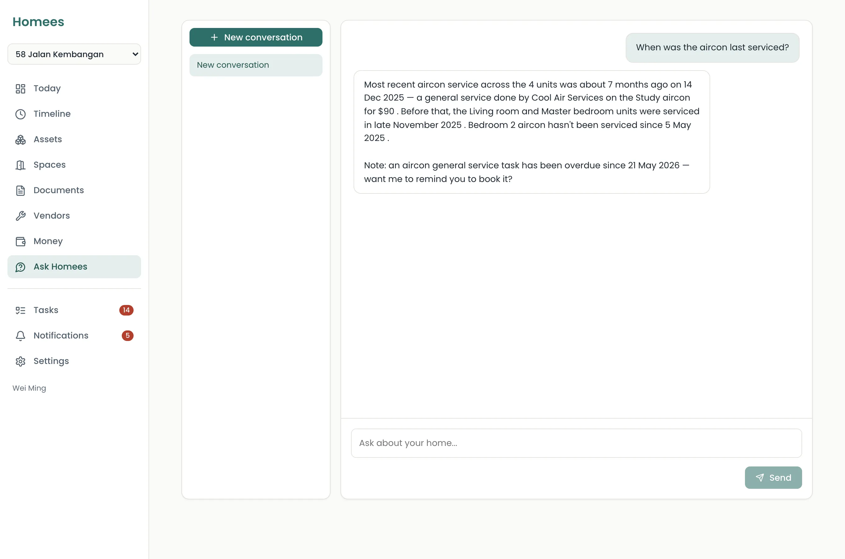 Screenshot: chat answer with citation chips linking to the appliance and vendor records