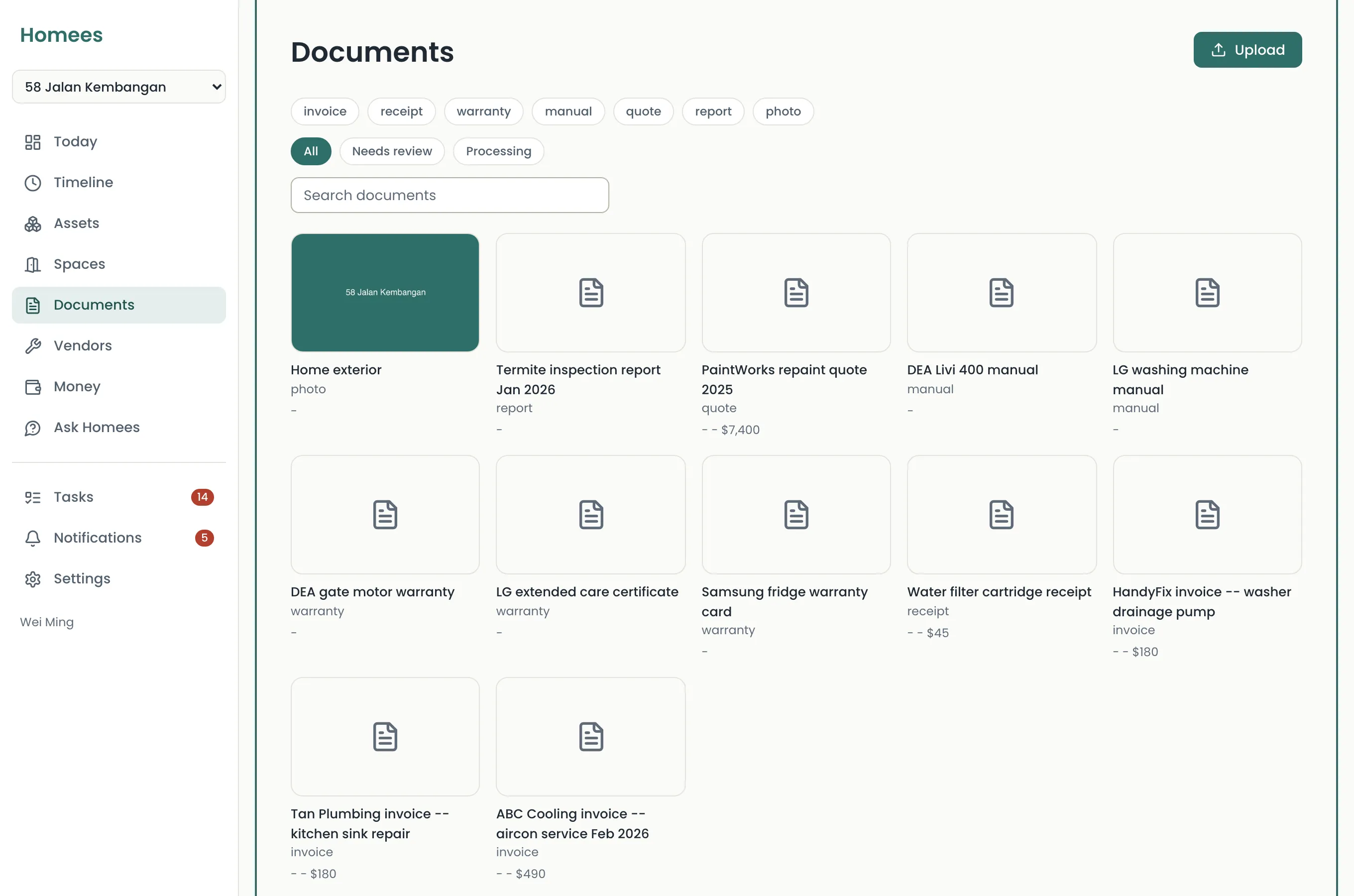 Screenshot: the documents library with an aircon service invoice