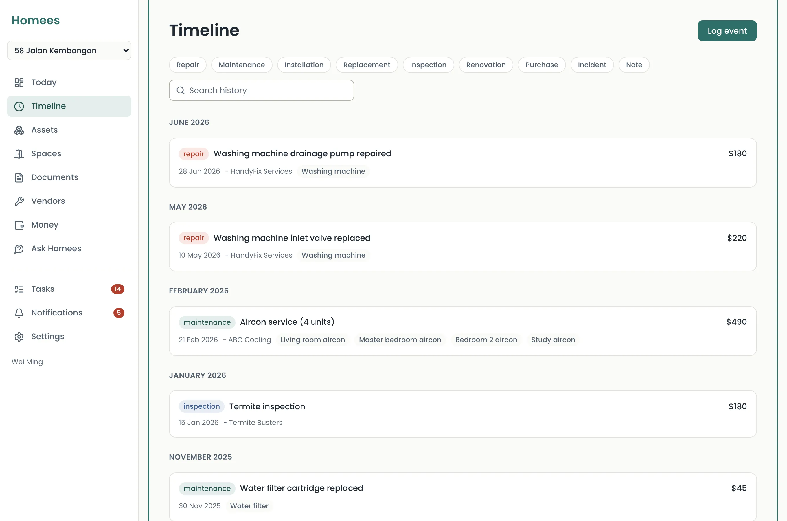Screenshot: home timeline showing repairs and documents in date order